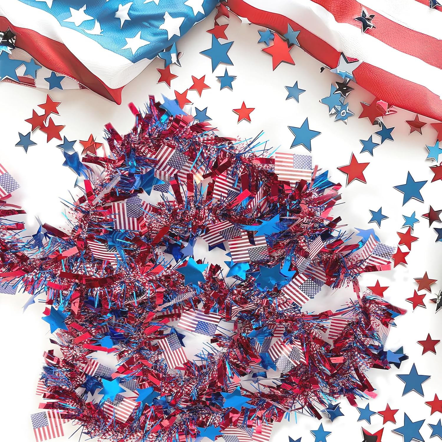 50FT 4th of July Garland Decor National Flag Stars Tinsel Patriotic Garland for Home Indoor Outdoor Independence Day Memorial Day Veterans Day Party Supplies