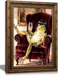 Vintage Gold Framed Cute Playful Bob‑Hair Frog Canvas Wall Art, Whimsical Animal Print, Aesthetic Room Decor for Bar, Living Room and Bedroom