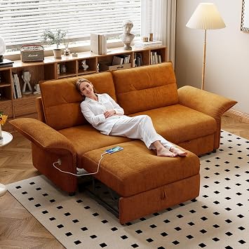 Queen Sleeper Sofa 85", 3-in-1 Pull Out Sofa Bed with USB Charging, Orange
