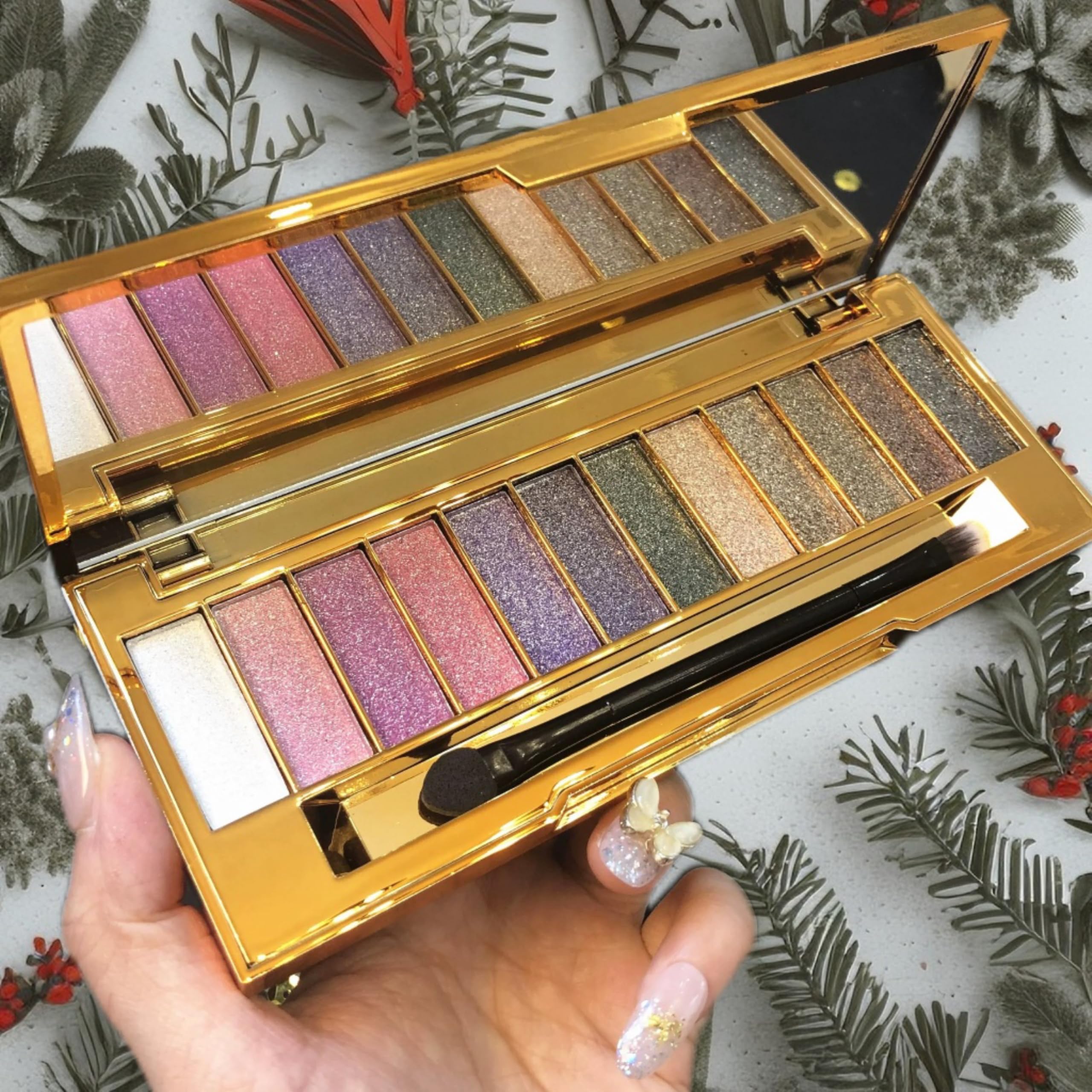 Paleta de sombras de ojos con purpurina, 12 colores, impermeables, brillantes, paletas de maquillaje con espejo de pincel, paleta de sombras de ojos pigmentadas altamente brillantes para citas,
