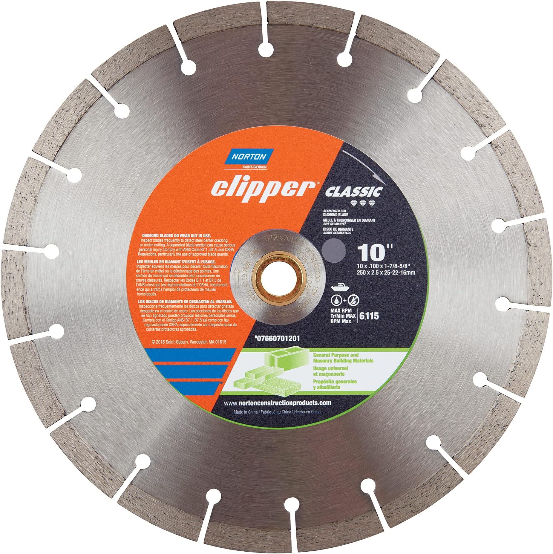 Norton Classic Diamond Blade, 10" Diameter x 0.100" Thickness x 1-7/8-5/8, 0.275" Segment (Pack of 1)