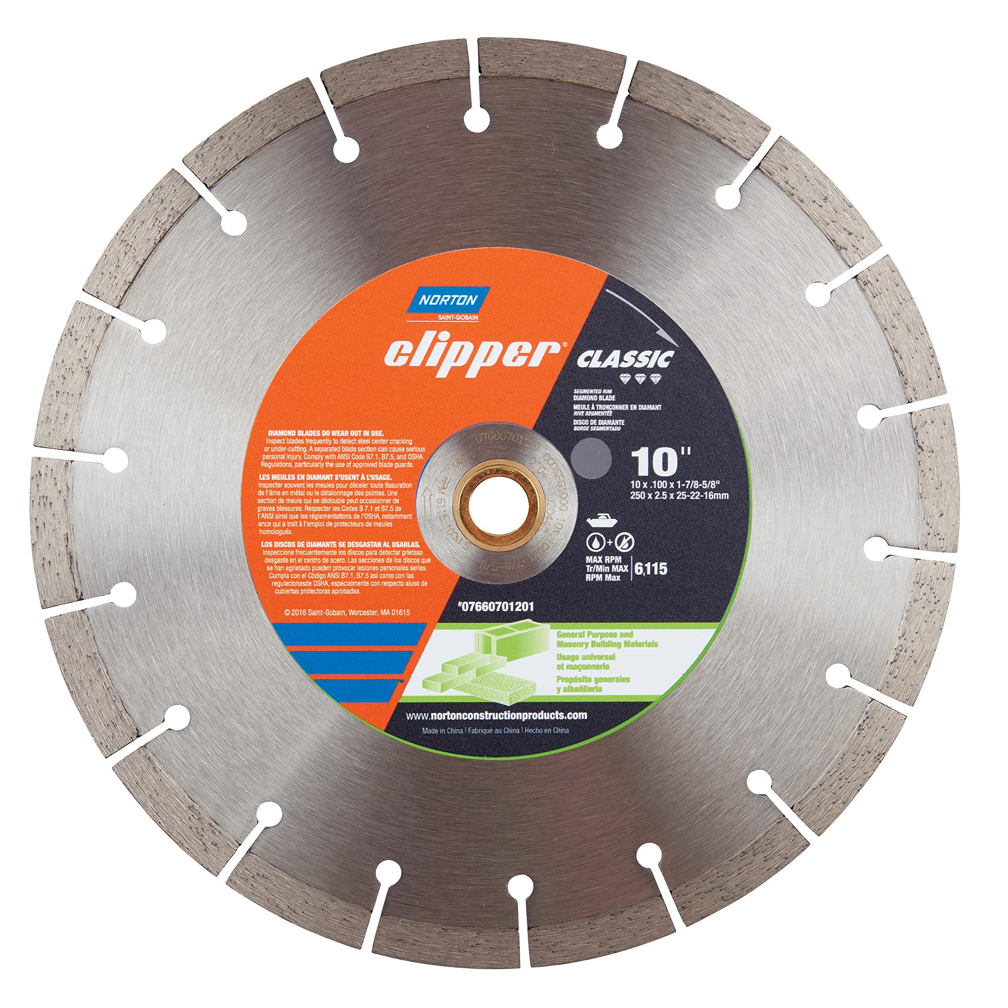 Norton Classic Diamond Blade, 10" Diameter x 0.100" Thickness x 1-7/8-5/8, 0.275" Segment (Pack of 1)