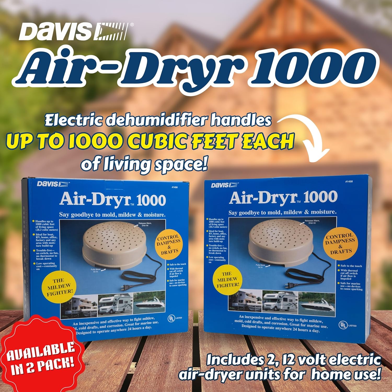 Davis Instruments Air-Dryr 1000 Dehumidifier Bundle (2 Pack) Quiet Boat Dehumidifier for Moisture Problems and Wet Air Solution - Portable Space Heater for RV or Campers - Compact Electric Boat Heater