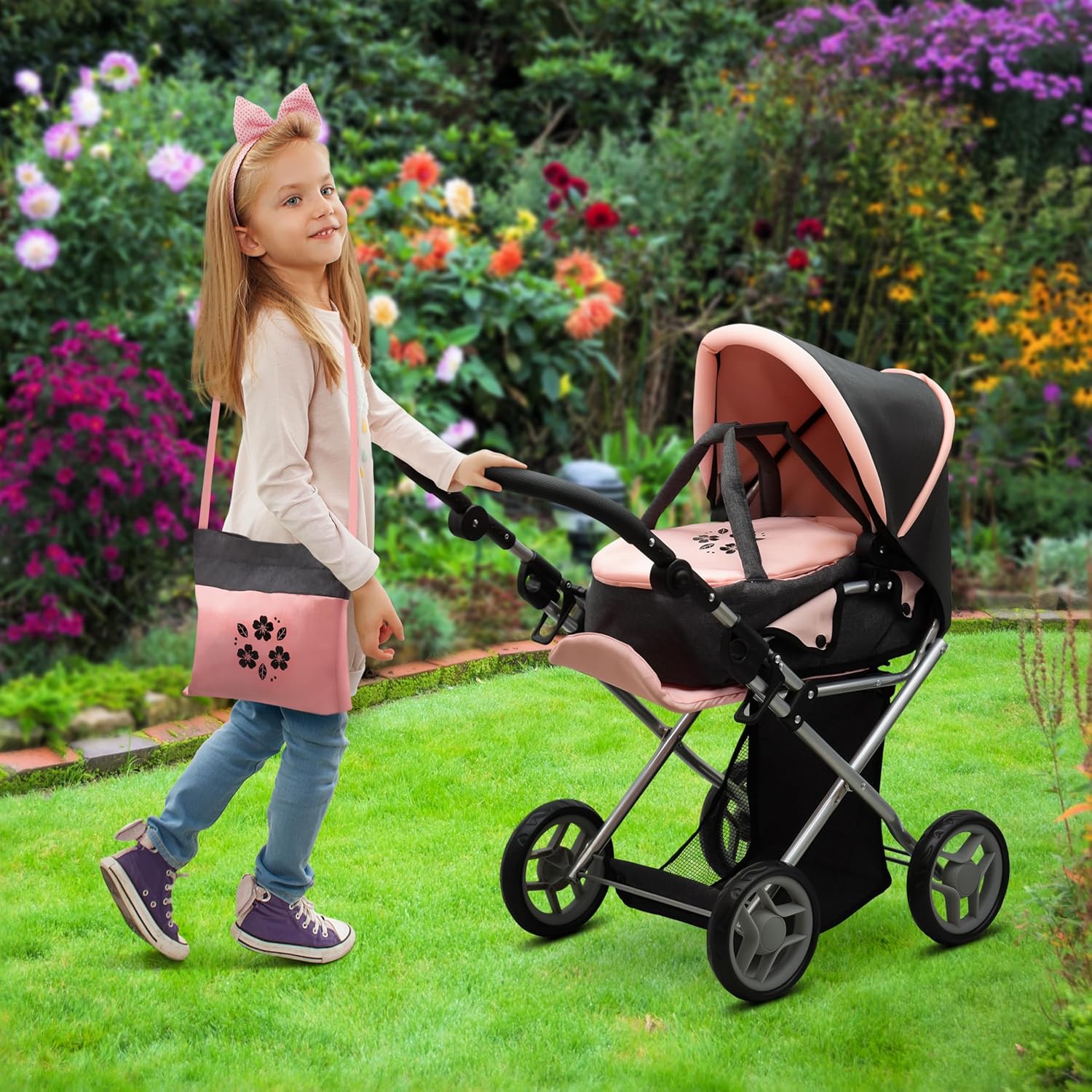 Baby Doll Convertible Pram Stroller with Removable Travel Bassinet Carrier for Kids Adjustable Handle Buggy Carriage with Canopy and Storage Basket 25 Inch Pink, Black