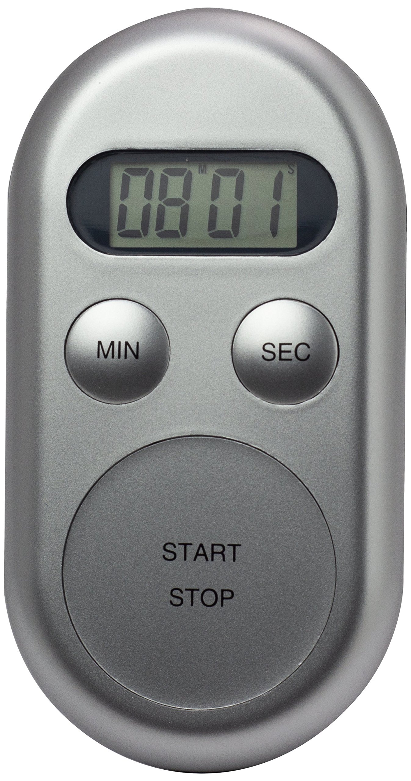 Kurzzeitmesser KT188, Silber, oval, Count-down bis 99 Min, 59 Sek., 30-sekündiger Alarm beim Erreichen von 0, Timer-Memory-Funktion, Magnet zum Befestigen an Metallflächen, große Start-/Stopptaste