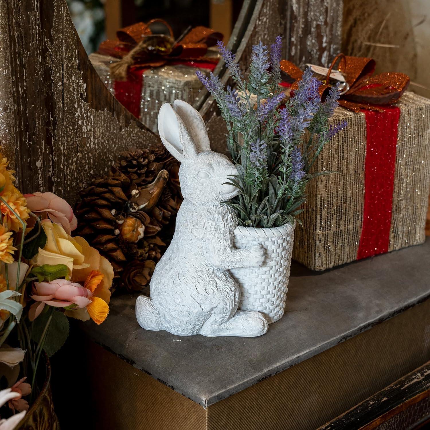 Elegant Resin Statue Flower Pot –Vintage White Swan Planter with Artificial Lavender Plant Indoor Outdoor Rustic Garden Decor – Cute Animal Figurine Gift (Rabbit)