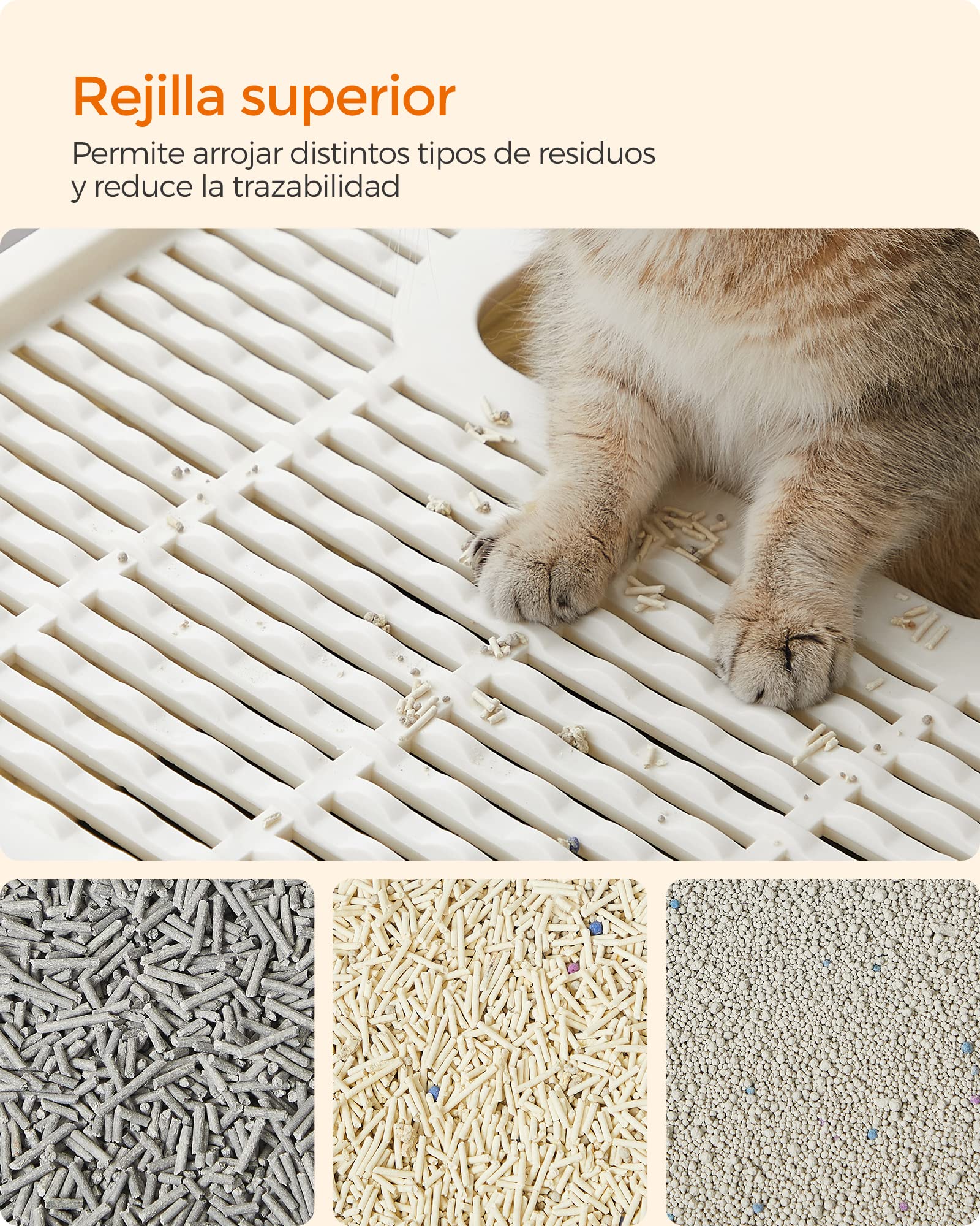 Feandrea Arenero para Gatos, Caja Arena con Bandeja Extraíble, Pala, Cepillo, Espacioso para Gatos Grandes, Carga de 15 kg, Antifiltración, Antiescapes, Beige y Negro PPT001W01