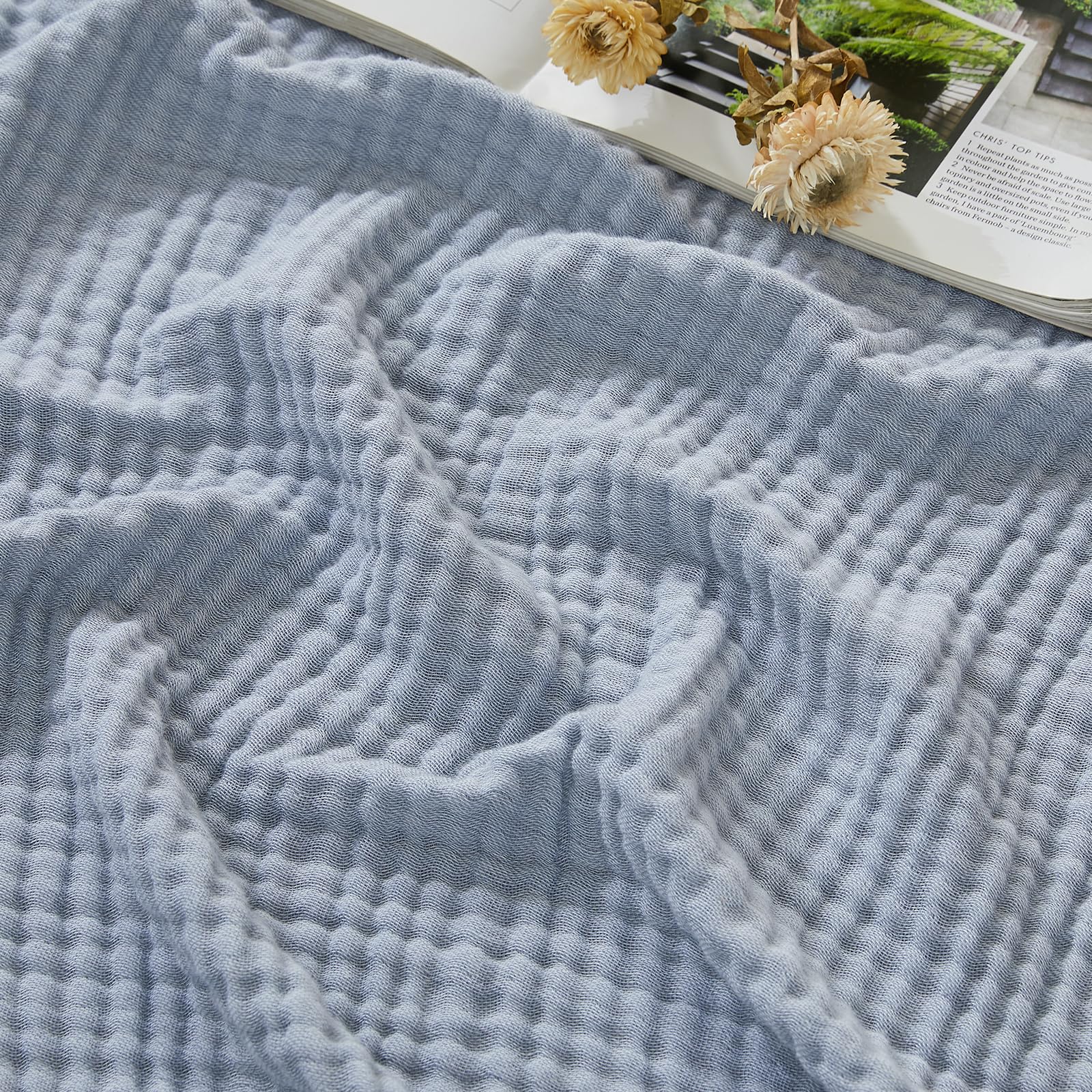 EMME Cotton Muslin King Blanket Bed Layering Bedspread Coverlet Breathable Gauze Soft Lightweight Blankets (Heather Dusty Blue, 108"x90")