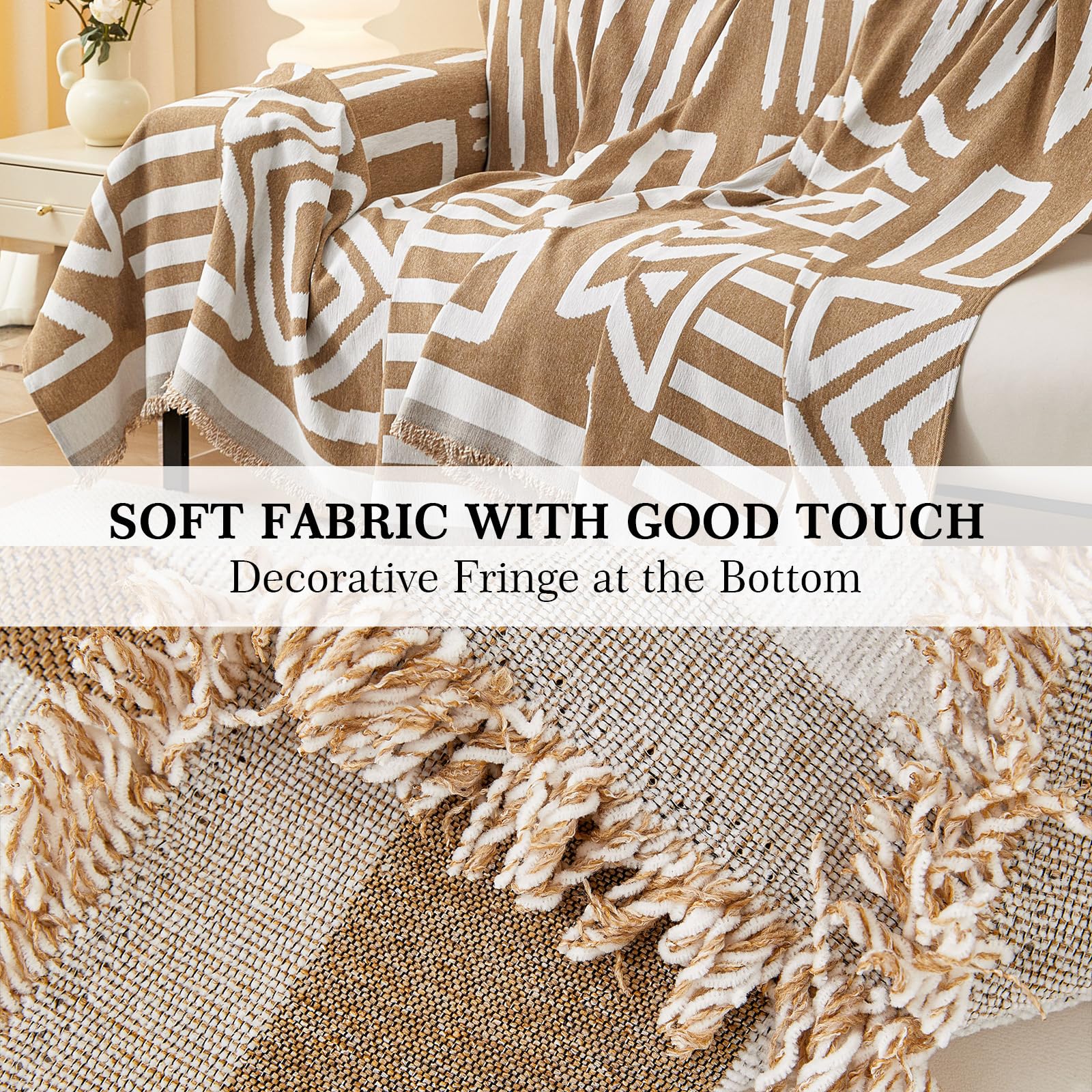 LiveGo Boho Sofa Covers for Dogs, 2-3 Cushion Chenille Slipcover for Sectional L-Shaped Couch Pets Protector (Khaki, 71