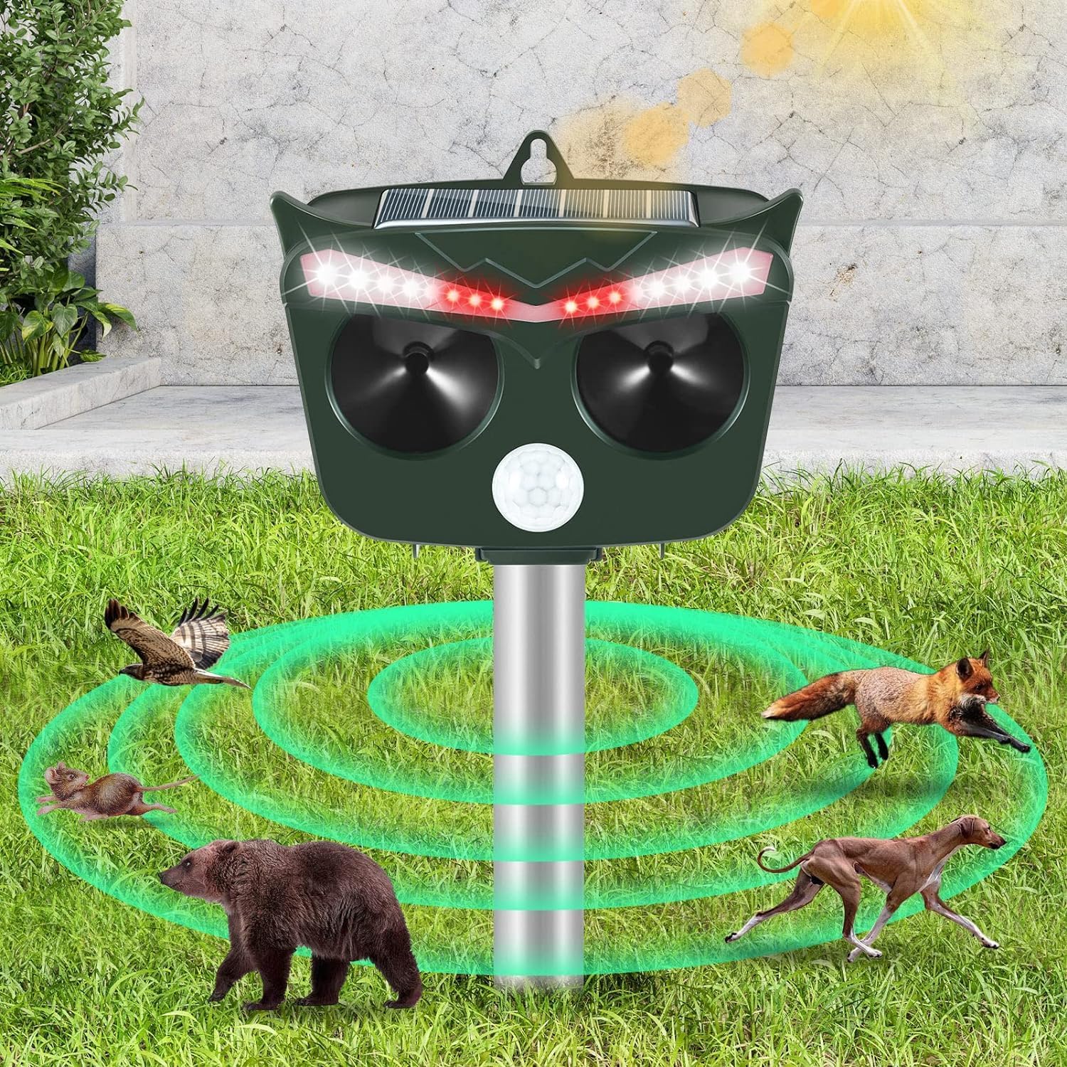 Ultrasonic Solar Animal Repeller Outdoor Animal Repellent with Motion Sensor,6 Frequency Setting,Loud Deterrence Sound,16 Flashing Lights,Deer Cat Dog Raccoon Squirrel Deterrent Device