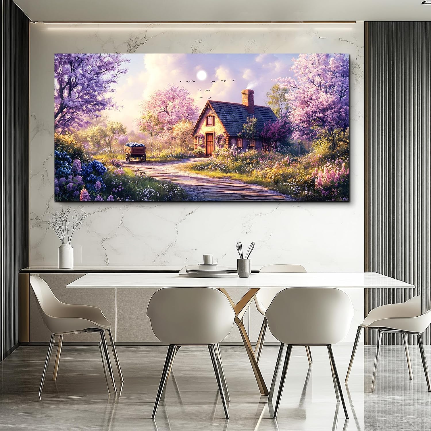 WLWBINTING Large Cherry Blossom Wall Art Flower Canvas Wall Decor Purple Floral Painting Artwork Modern Farmhouse Decor For Bedroom Living Room Cottage Rustic Wall Art Pictures Natural Home Decor