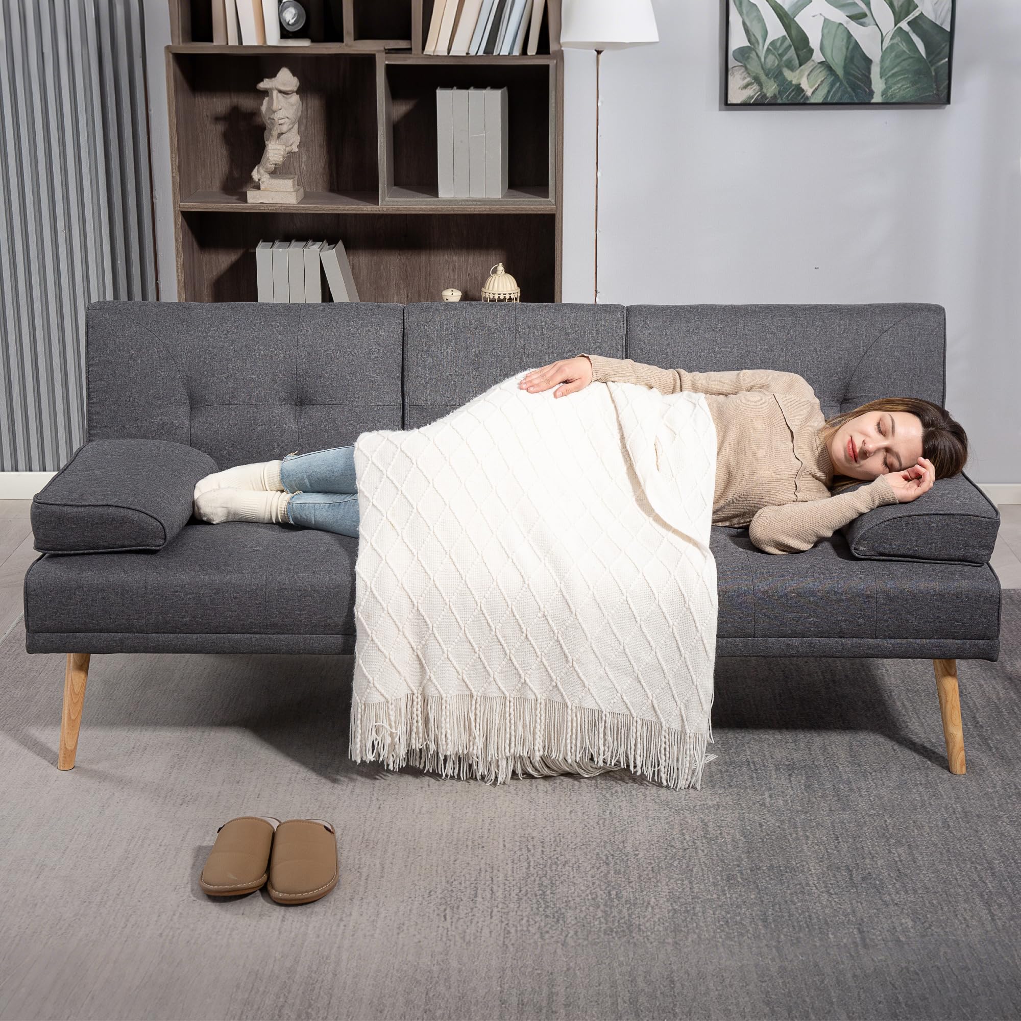 HOMCOM Divano Letto 3 Posti Reclinabile con 2 Braccioli Staccabili, Divano 3 Posti Imbottito Trasformabile in Tessuto e Legno con Portabicchiere per Soggiorno e Salotto, 181x77x78 cm, Grigio Scuro