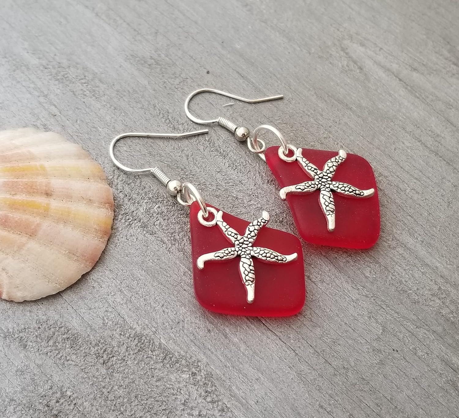 YInahawaii Handmade Red "Twin Starfish" sea glass earrings, January Birthstone ", Starfish charm, (Hawaii Gift Wrapped, Customizable Gift Message)