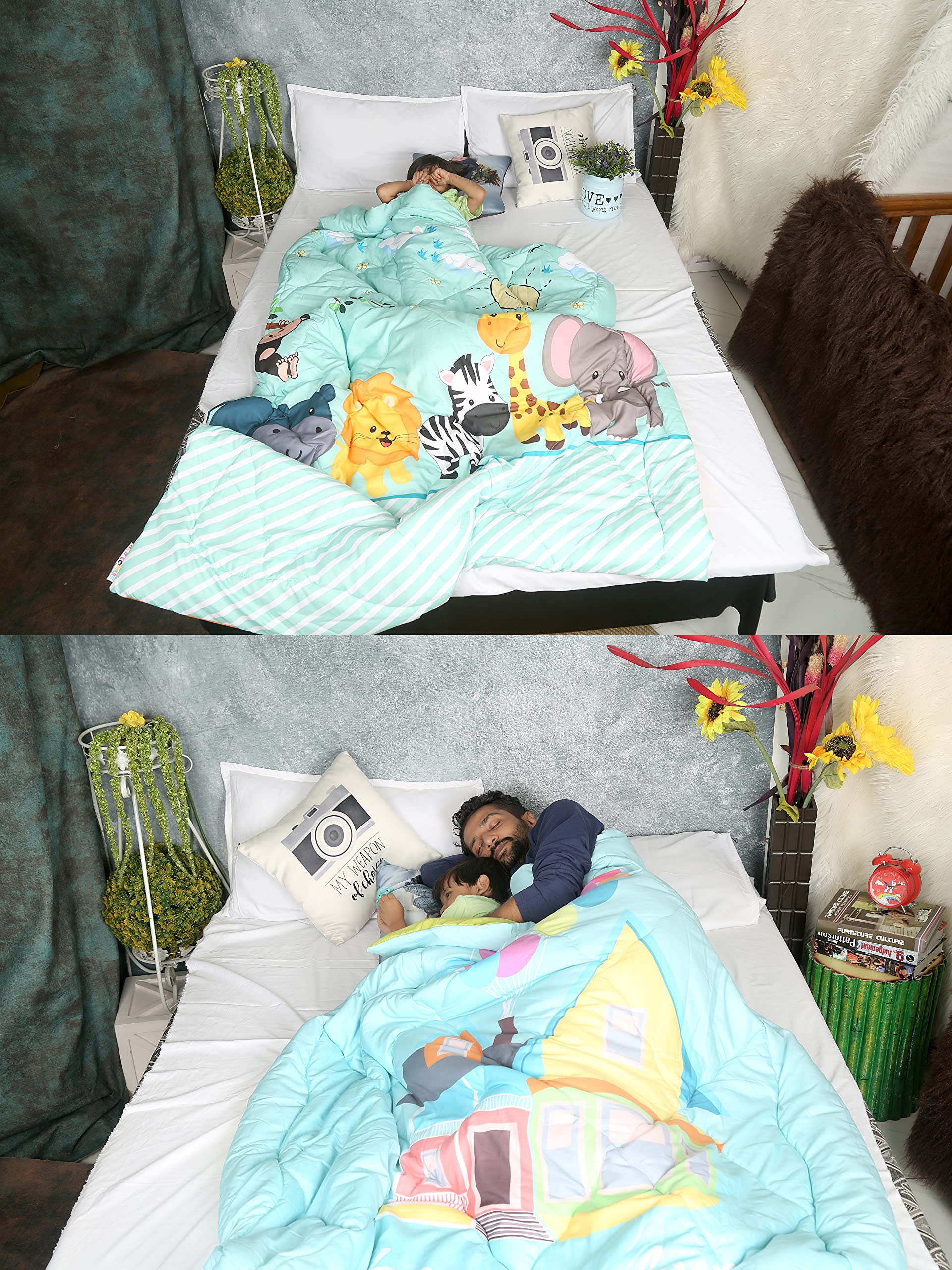 NEW COMERS®Microfiber 200 GSM Printed &Plain Reversible Single Bed AC Comforter|Blanket For Winter|Quilt|Duvet|Razai For Kids and Adults (230x152),Super Soft Micro Fabric Shell (Sea Blue-Parrot Green) 3