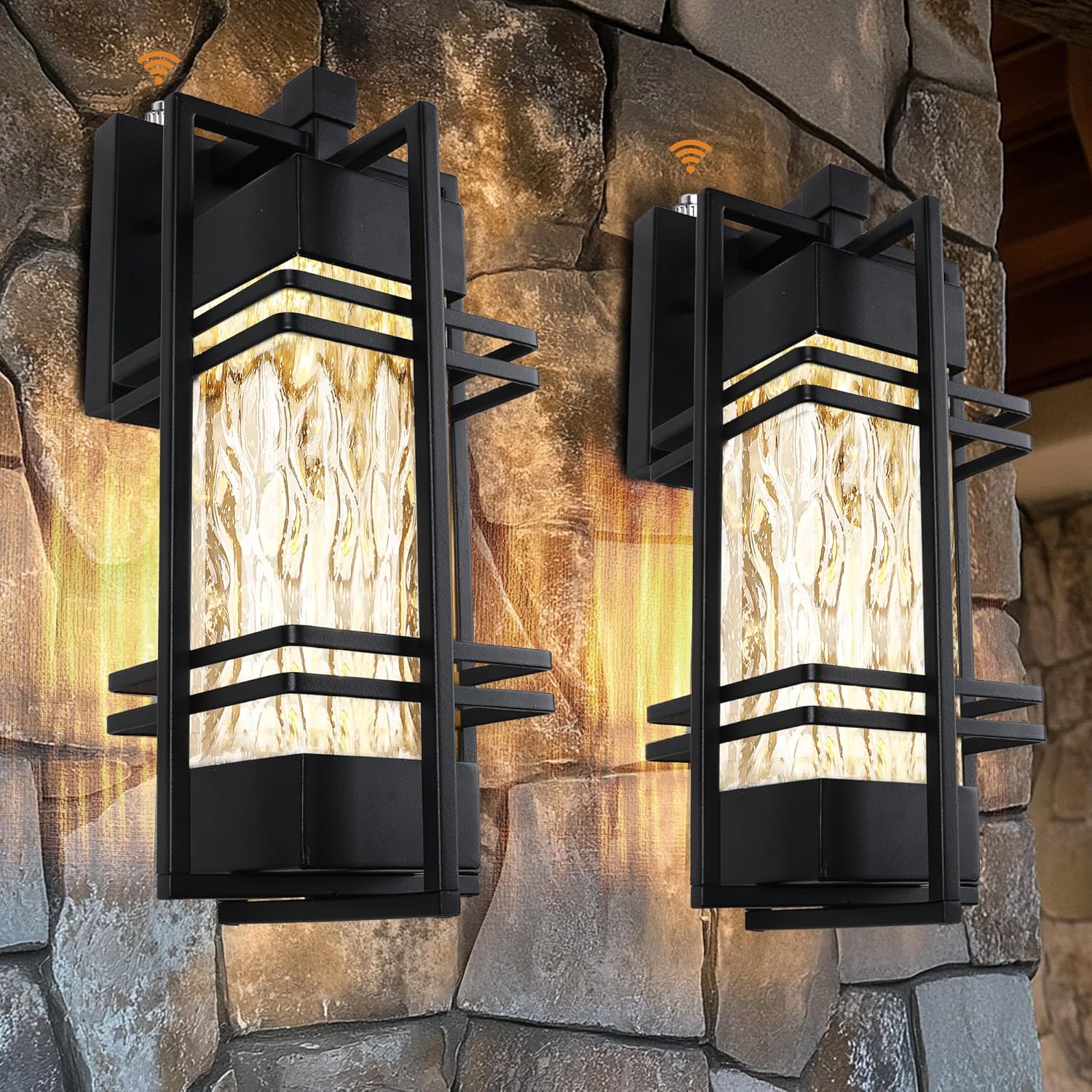 WIHTU Dusk to Dawn Outdoor Porch Lights, 2 Pack Wall Mount Lanterns with Sensor, Waterproof Exterior Sconces for Garage Doorway (Bulbs Included)