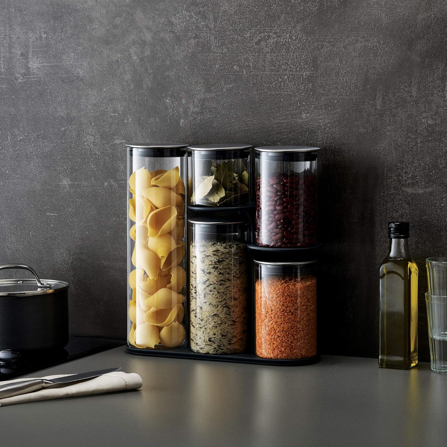 Joseph Joseph Podium 100 Dry Food Storage Container Set with Stand, 5-Piece, Stainless-Steel/Glass: Home & Kitchen