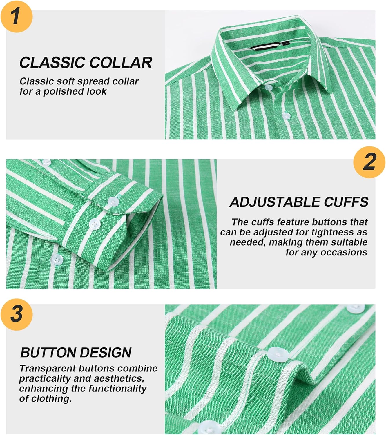 Damipow Mens Linen Cotton Striped Long Sleeve Dress Shirt Casual Button Down Shirt - Image 5