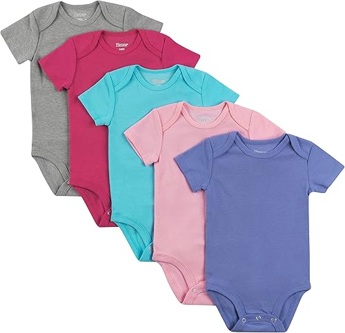Hanes Ultimate Flexy - Body de manga corta para bebés paquete de 5 unidades color rosa turquesa morado 12-18 meses de EE UU Pink Turq Purple Set