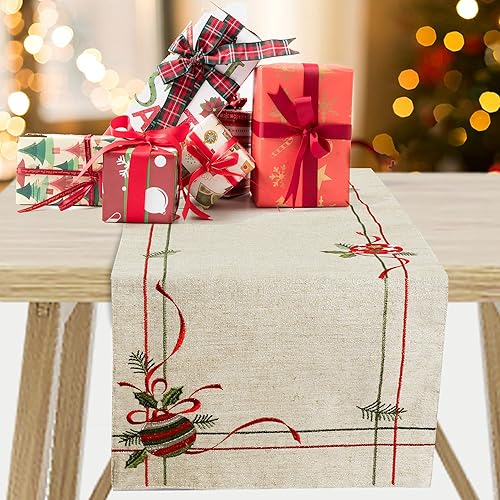 OWENIE Camino de mesa de Navidad, camino de mesa de tela brillante con purpurina bordada dorada de 70 pulgadas de largo, adornos de tocador de