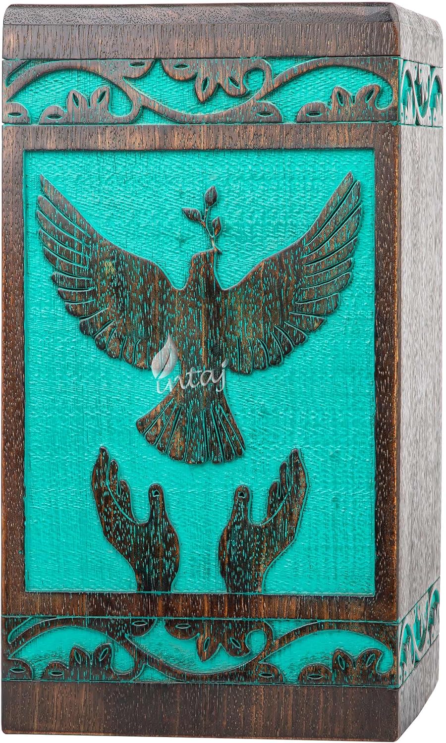 INTAJ Handmade Rosewood Urn for Human Ashes, Peaceful Bird Wooden Urns for Ashes Hand-Crafted, Funeral Cremation Urn, Pet Dog Urns for Ashes (Teal Gree, Medium - 9.5Hx5.5W (180 Cu/in))