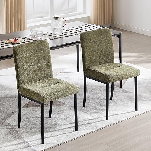 Miniatura 4 de Juego de 3 sillas de comedor modernas tapizadas de terciopelo sin brazos con patas de metal, pies ajustables para comedor y cocina (verde, 3 piezas)