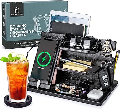 Estación de acoplamiento de teléfono de madera negra para hombres y mujeres, portátil, soporte para iPad con posavasos, organizador de mesita de