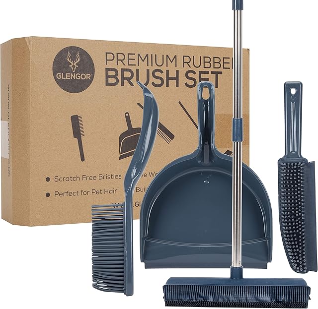 Glengor Premium Rubber Broom & Dustpan Set | 4 Piece Set | Dustpan and Brush | Long Broom | Pet Hair Brush | Built in Squeegee | Hand Brush | Great for Carpets, Kitchen Floors, General Sweeping, Rake
