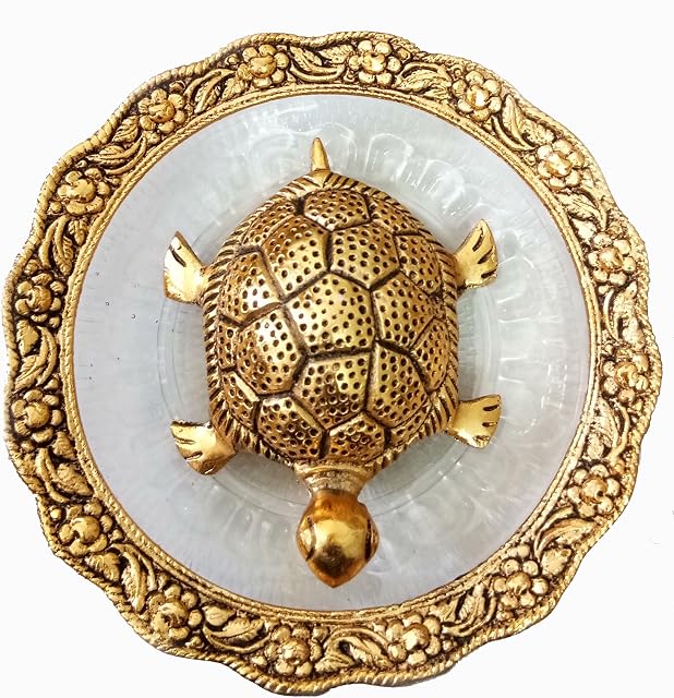 Pinnacle Golden Feng Shui Metal Tortoise with Metal and Glass Plate showpiece, Lucky Charms Good Omens Good Health