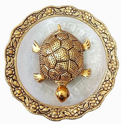 Pinnacle Golden Feng Shui Metal Tortoise with Metal and Glass Plate showpiece, Lucky Charms Good Omens Good Health Save Now