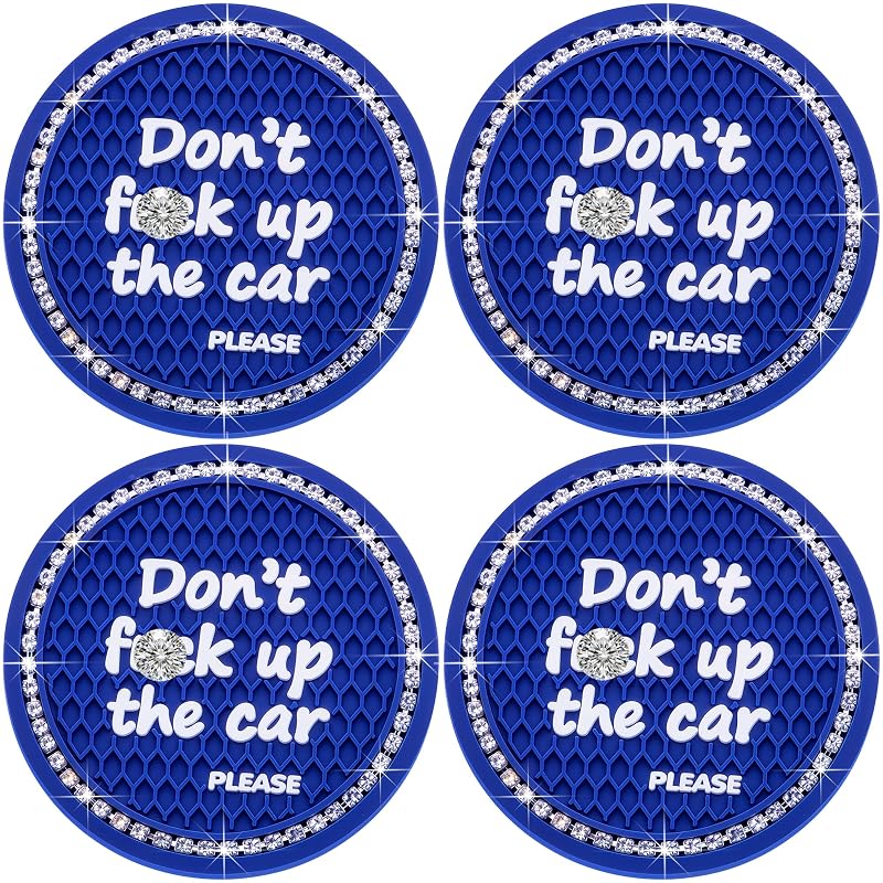 Porta-Copos para Carro MEAJOO com Strass e Silicone, Redondo, Azul e Branco, Diâmetro de 6,99 cm, 4 Peças