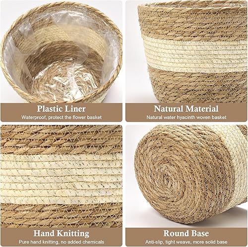 Miniatura 3 de Athaliah Cesta para plantas, 3 cestas para plantas de interior con forro de plástico, jacinto de agua y tallo de maíz, cesta de flores, cesta para