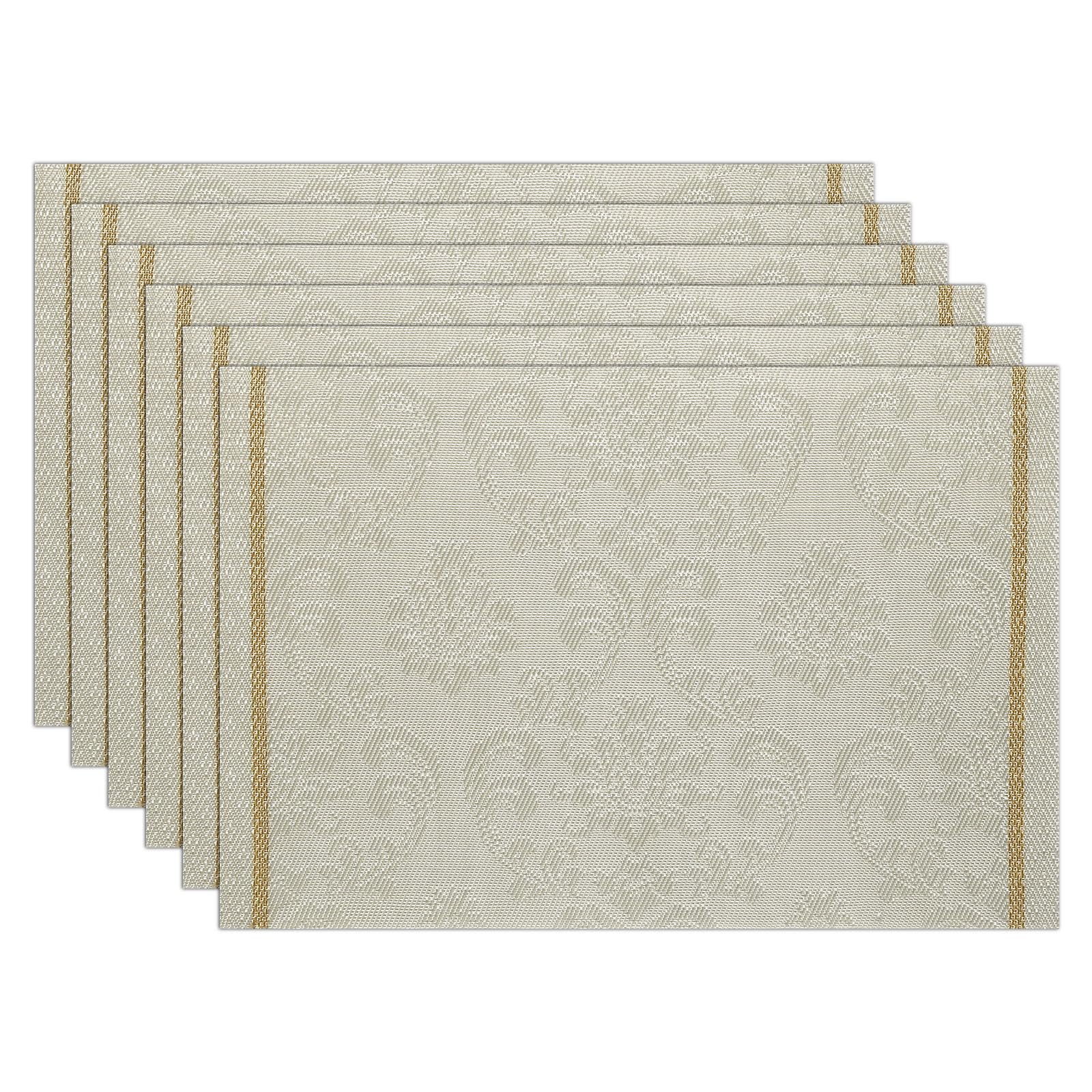 comfoyar Damask Floral Beige Rectangular Placemats Set of 6, 30x45 cm Non-Slip Vinyl Flower Place Mats, Washable Waterproof Table Mats for Indoor Kitchen Dining Party Table Decoration