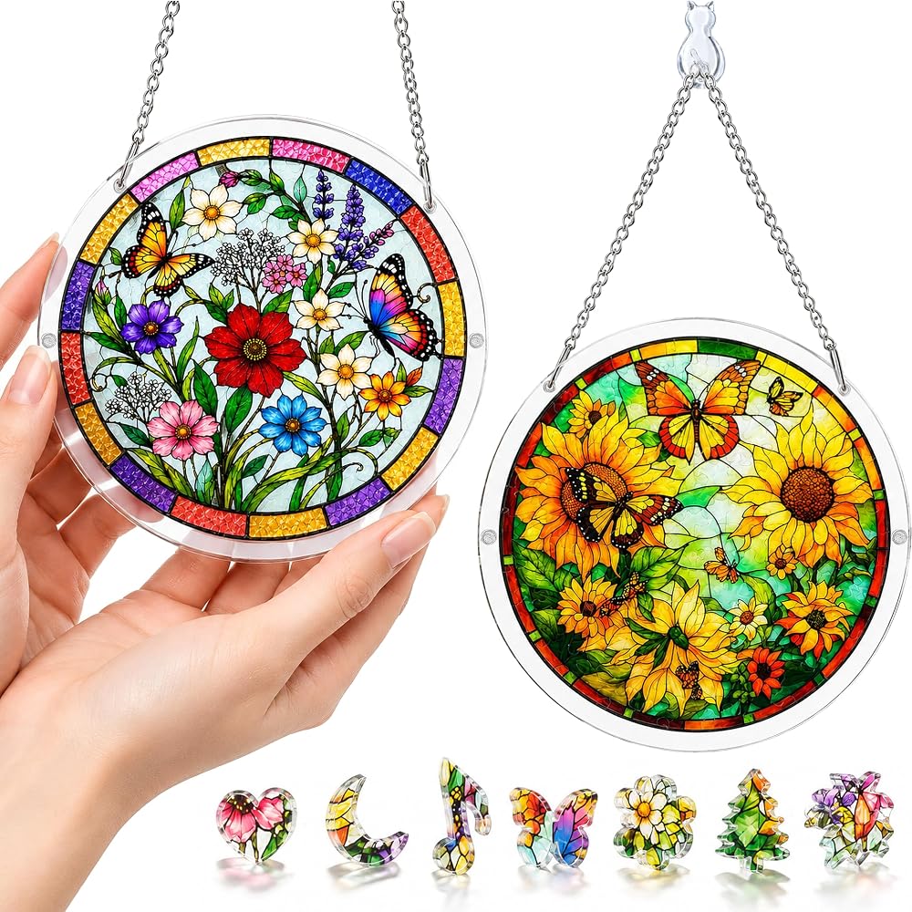 2 Pack Acrylic Puzzle Suncatcher, Window Hanging Decor 7.4 in Flowers — 사진 1