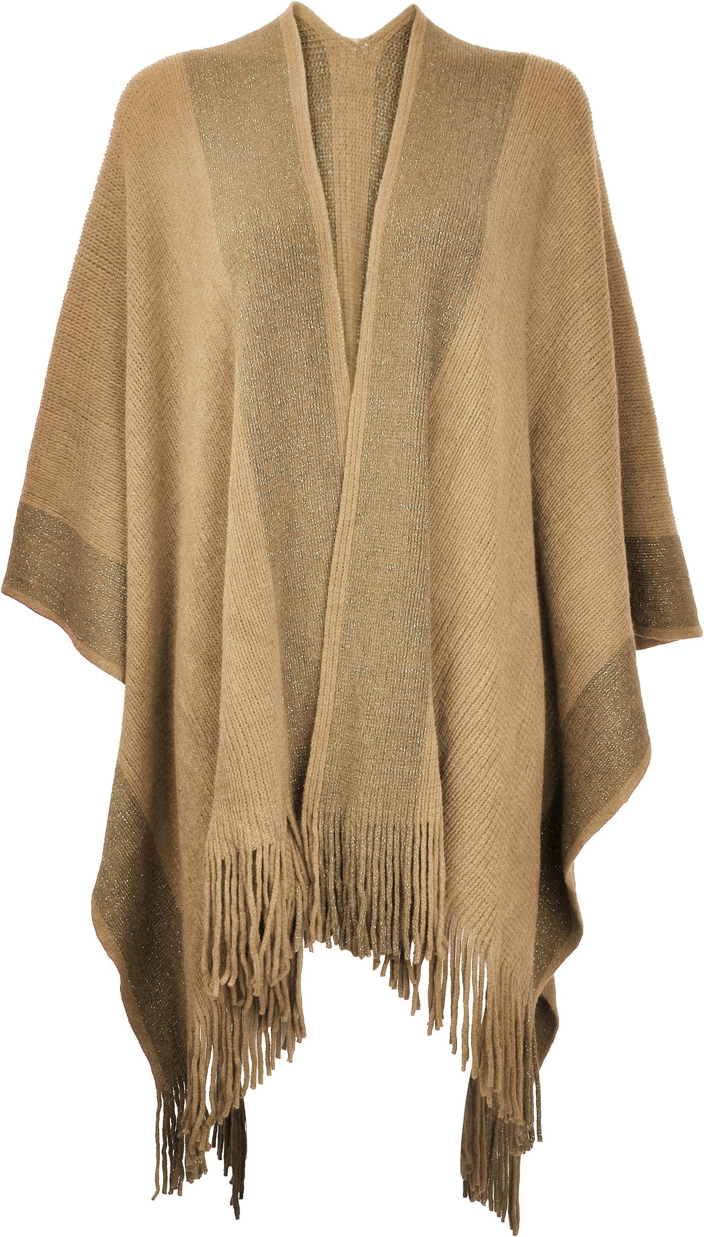 ZLYCWomen's Lightweight Shawl Golden Trim Textured Knit Blanket Wrap Fringe Poncho with Contrast Trims