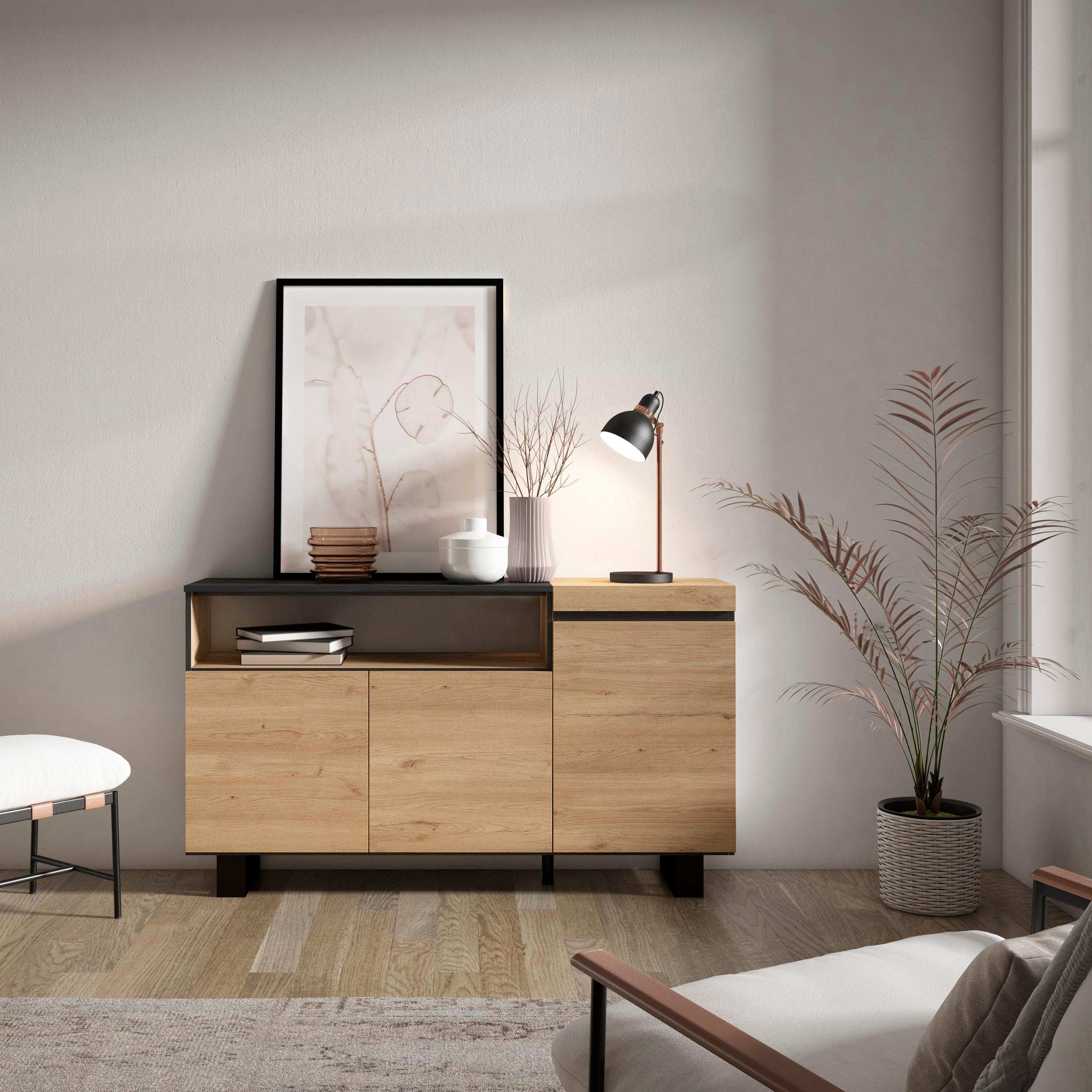 Skraut Home | Aparadores para salón | Gran Capacidad de almacenaje | 150x87x35cm | 3 Puertas | Diseño Industrial | Estilo Moderno | Roble y Negro