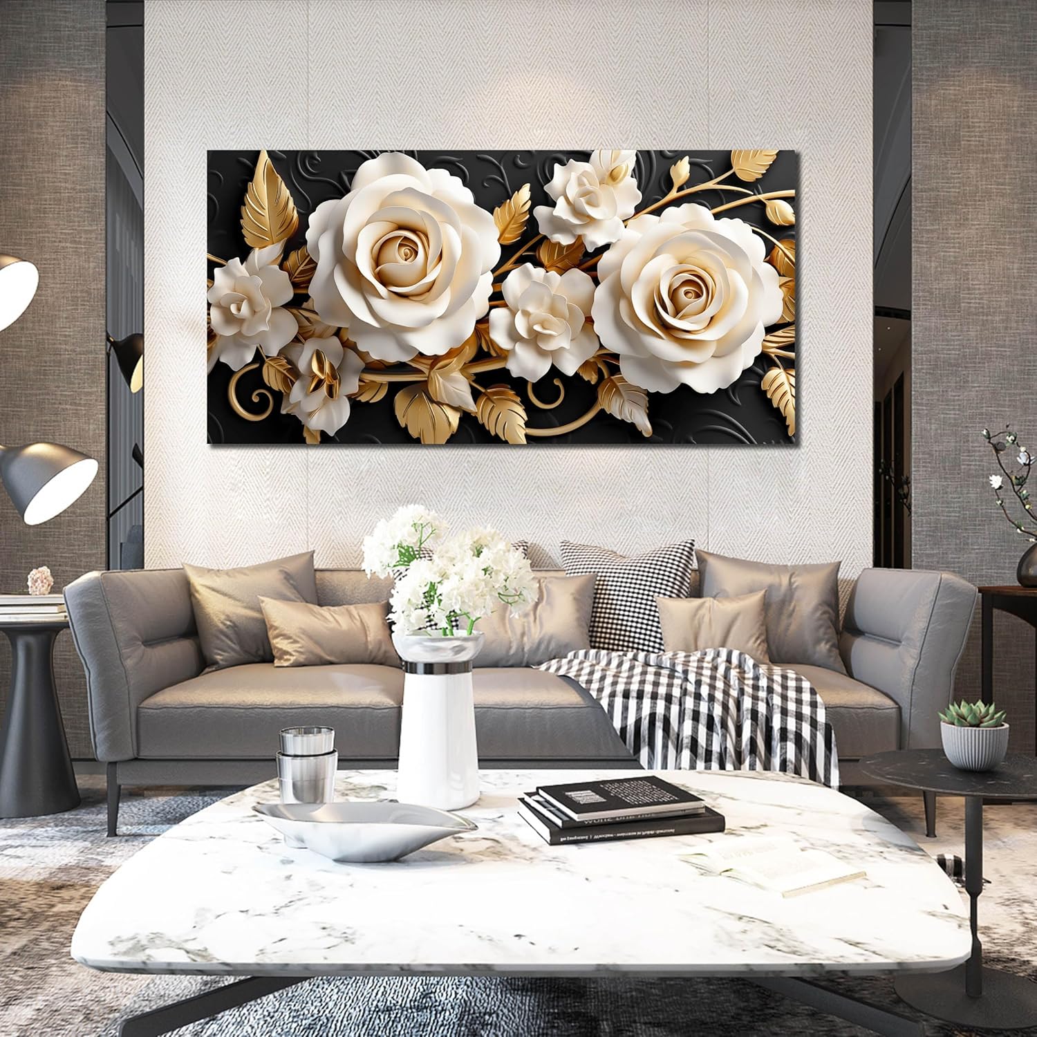Flower Large Canvas Wall Art for Living Room Bedroom Home Office White and Gold Wall Art Blossom Picture Framed Wall Decor Modern Canvas Prints 29x59 In - Image 7