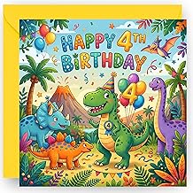4th Birthday Card Gift for Boys – Four Today – 4 Years Old - Cute Dinosaur Design – Happy Fourth Birthday Greeting Card for Grandson Nephew Son Toddler or Boys - Includes Yellow Envelope – 14cm