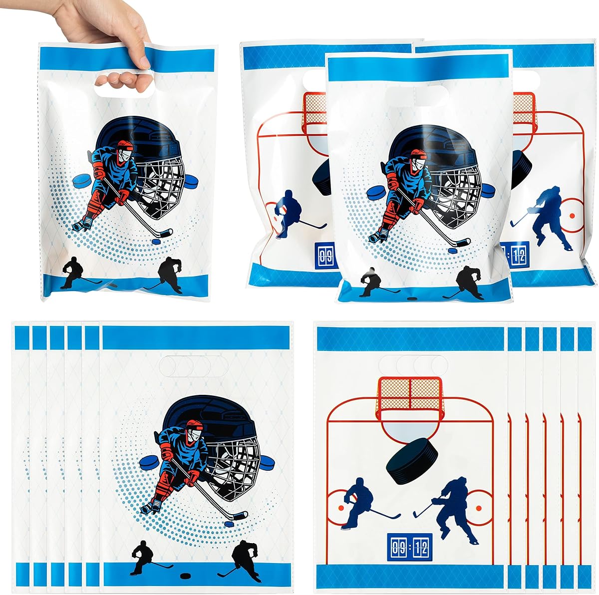 50Pcs Hockey Party Favor Bags Bulk Plastic Gift Bag with Handles | Cute Goodie Bags, Candy Treat Bag, Hockey Themed Kids Birthday Party Decoration Supplies