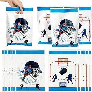 50Pcs Plastic Hockey Party Favor Bag, Cute Goodie Candy Treat Gift Bag with Handles Hockey Themed Kids Birthday Party Decoration Supplies