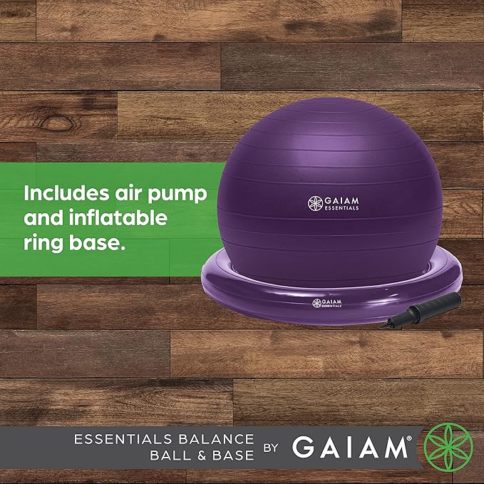 The Gaiam Essentials Balance Ball & Base Kit is a versatile workout tool designed to help improve posture, core strength, and balance. The kit includes a 65cm yoga ball chair with an inflatable ring base that can be used both at home or in the office. The base provides added stability and support while sitting, making it ideal for long hours at a desk.