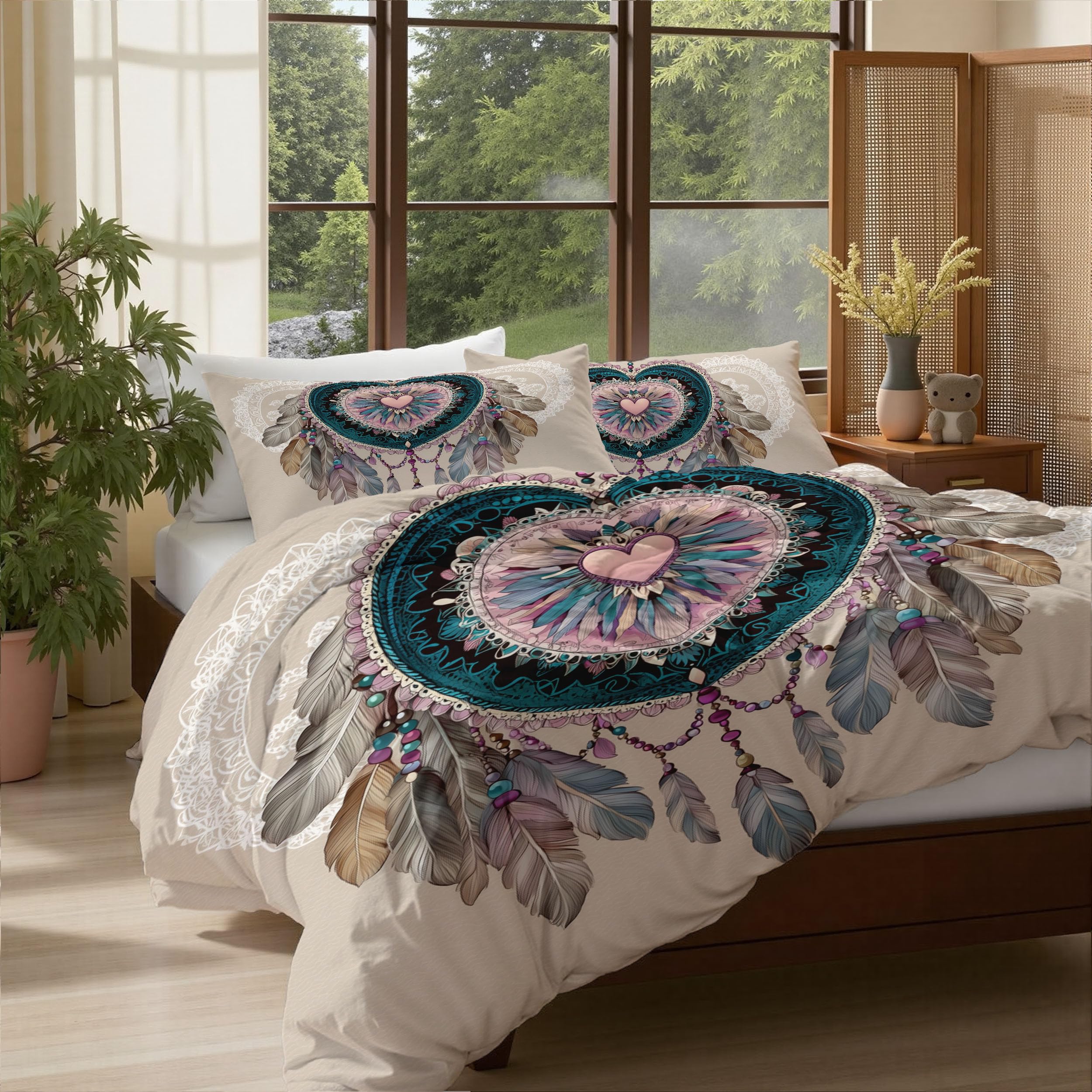 Wendebettwäsche 240X220 Beige Bohemianischer Traumfänger Schlafzimmer Bettwäsche 3Tlg, Retro-Federn Bettbezug Und 2 Kissenbezug, Weiche Mikrofaser Deckenbezug Mit Reißverschluss