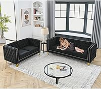 Vista 11 de Juego de 2 sofás de terciopelo gris de 81 pulgadas de 3 plazas, botones copetudos y brazo cuadrado, cabezas de uñas doradas con incrustaciones y 4