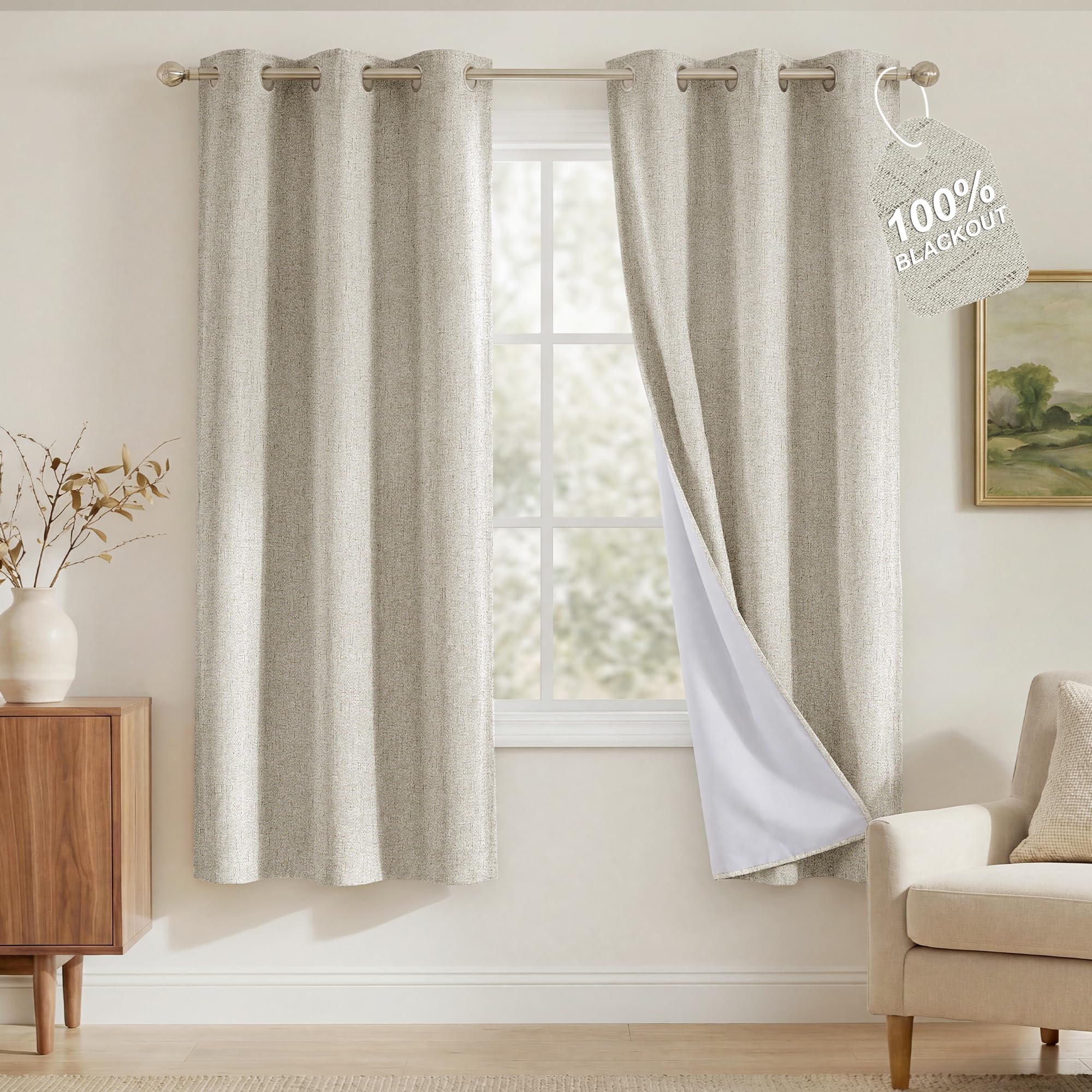 NICETOWN 100% Blackout Linen Blend Ivory Doorway Curtains W34 x L78