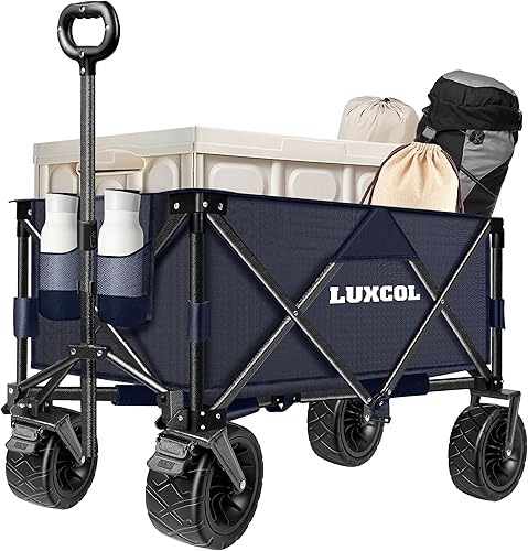 LUXCOL Carro plegable plegable, carrito de playa resistente para arena con ruedas grandes, mango ajustable y soportes para bebidas para compras,