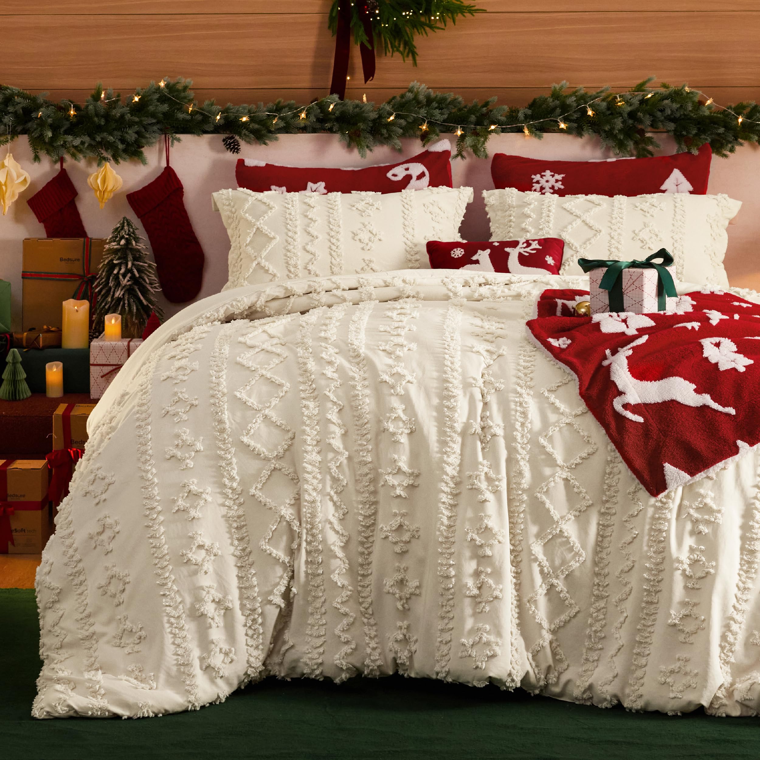 Bedsure Tufted Boho Comforter Set King Size - Beige Boho Bed Set, GentleSoft™ 3 Pieces Farmhouse Shabby Chic Embroidery Bedding, Gifts for Woman, Soft Jacquard King Comforter for All Seasons