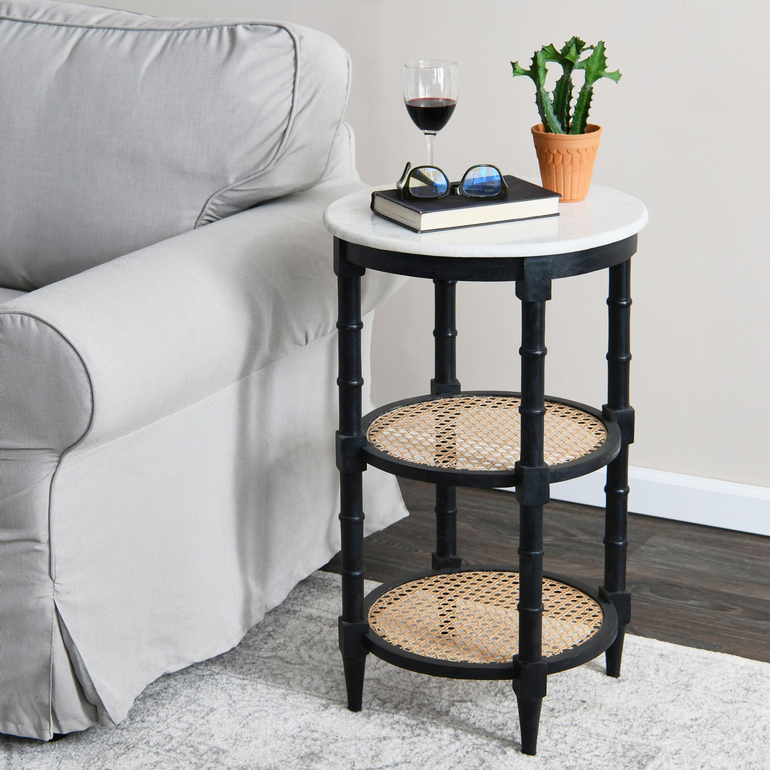 Creative Co-Op Mango Wood and Woven Cane Side End Table, Black