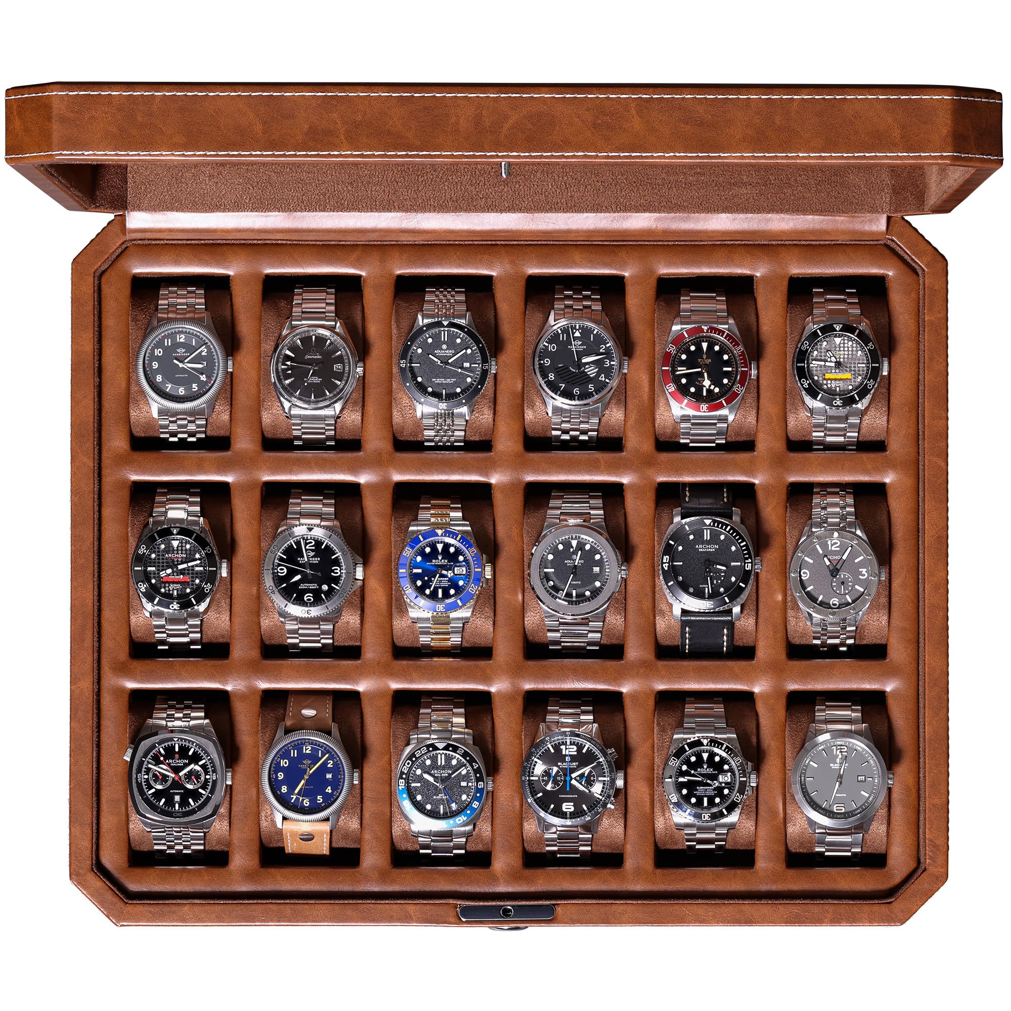 Rothwell Men's 18 Slot -Tan / Brown 18-Slot Watch Case – Luxury Watch Box For Real Glass Top, Lockable, Elegant Display For Collections (Tan/Brown)