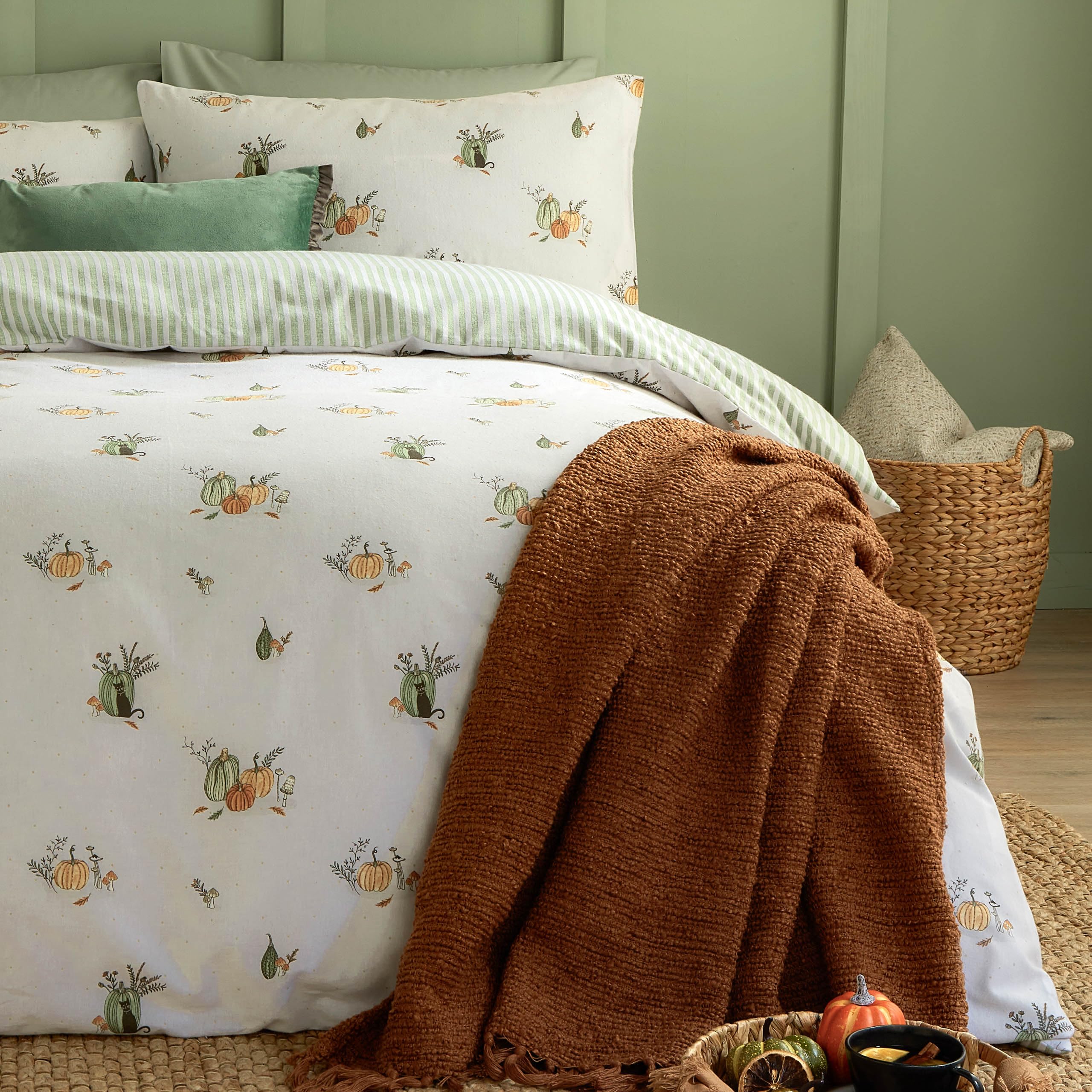 Wylder Pumpkin Spice - Set copripiumino reversibile in cotone spazzolato, design autunnale (bianco, king size)