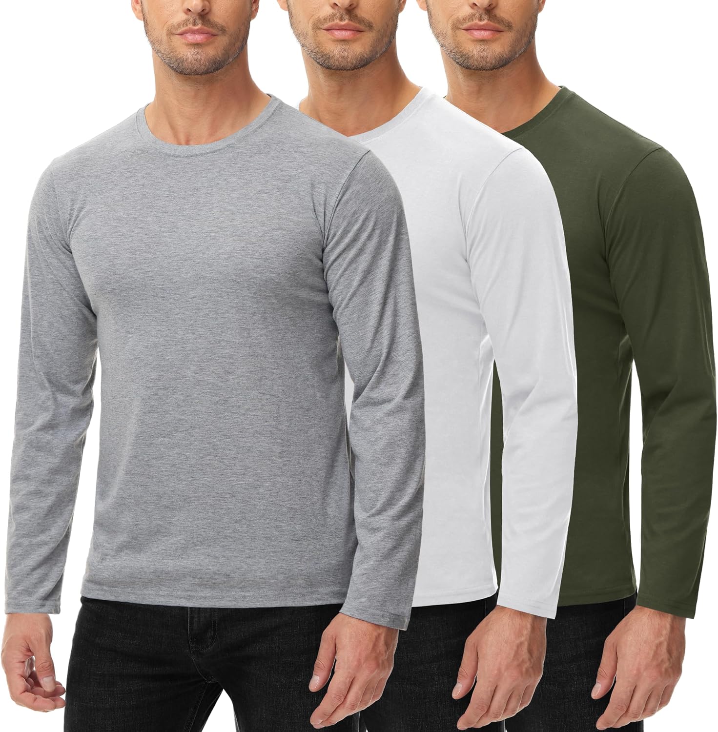 Mens Long-Sleeved Shirt 100% Cotton Pack of 3 Crew Neck Basic Knitwear Cotton Long Sleeve Shirt
