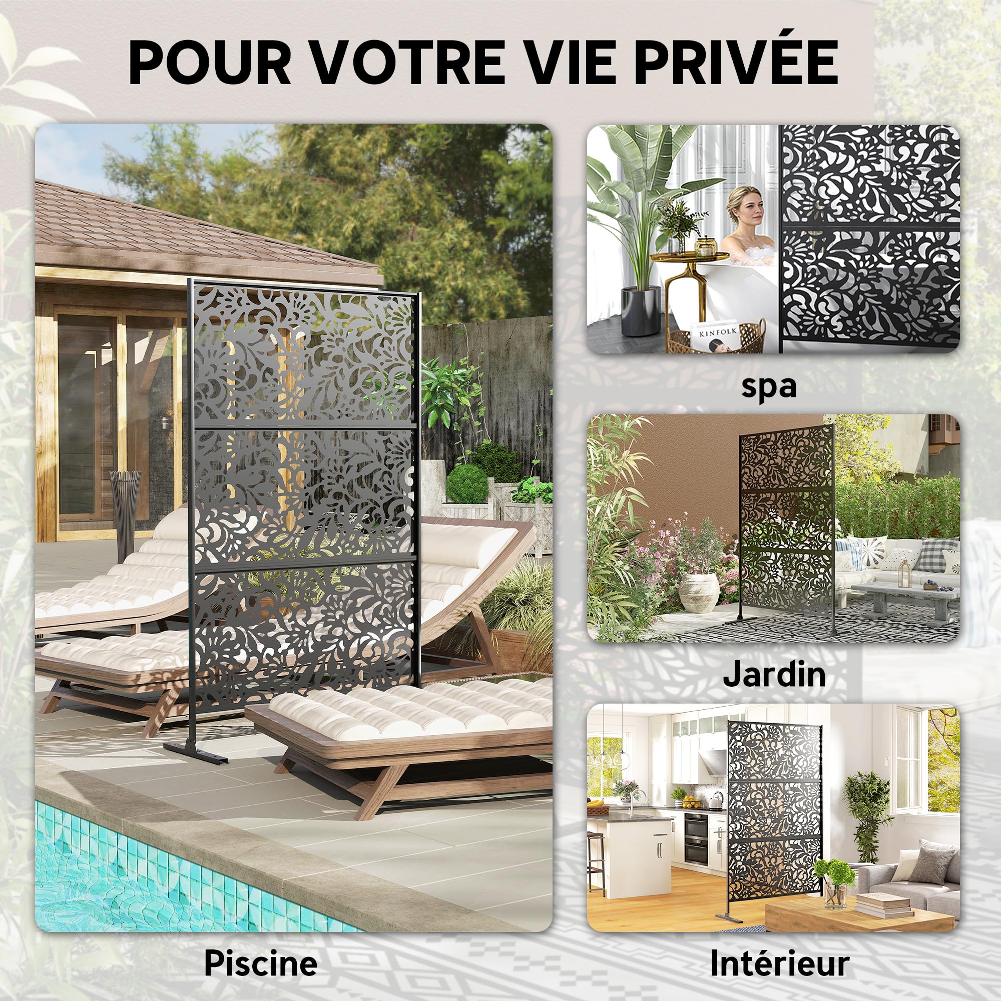 Outsunny Panneau Brise Vue décoratif Extérieur 122 x 45 x 198 cm Noir | Claustra Décoratif Jardin, 3 Panneaux à Motif Floral, Paravent Extérieur, Support en Acier Galvanisé